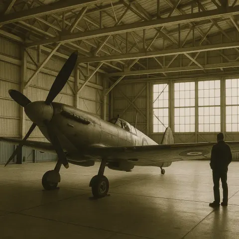 Vintage Fighter Aircraft Displayed Inside a Hangar with a Person