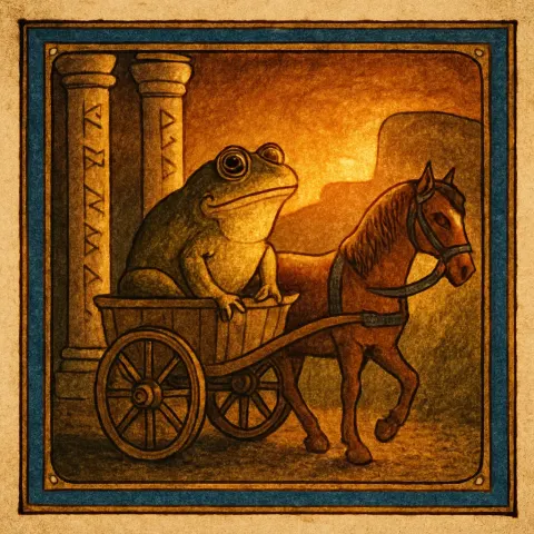 Bullfrog on a Horse Cart by Rune-carved Columns