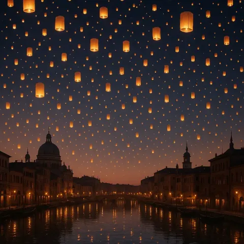 Countless Glowing Lanterns Ascend into the Twilight Sky