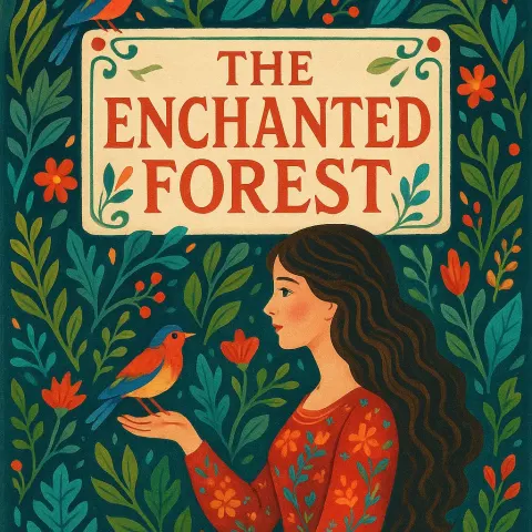 Colorful Illustrated Book Cover Featuring "The Enchanted Forest" with Foliage
