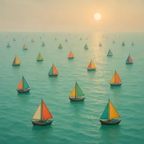 Many Tiny Fishing Boats with Colourful Sails
