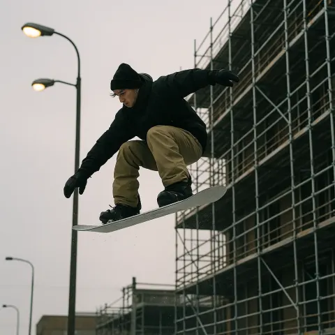 Snowboarder in Mid-air Performing a Trick near Urban