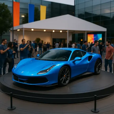 Vibrant Blue Sports Car Is Displayed Atop a Circular Elevated