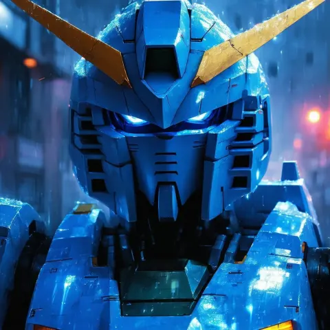 Imposing Gundam Glowing Over Night City
