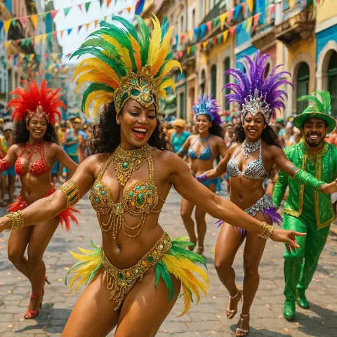 Dynamic Samba Dance Routines Performed Energetically Amidst the Bustling Atmosphere