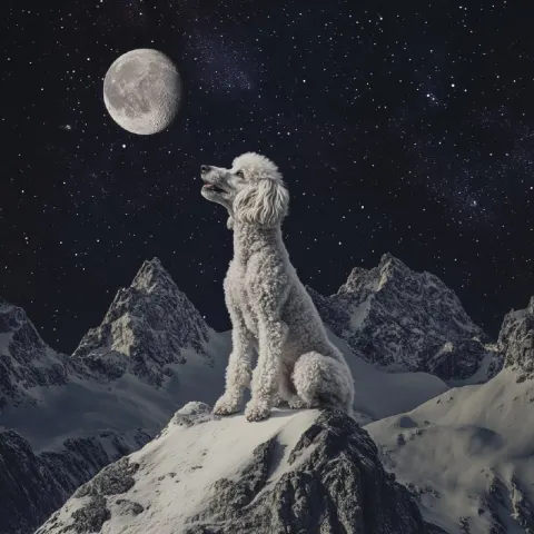Poodle Howling at Moon on Mountain