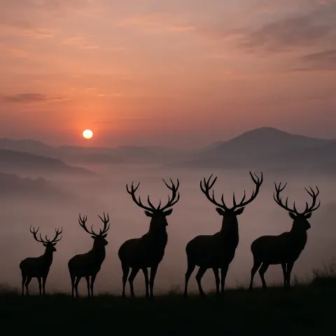 Several Majestic Stags Stand Silhouetted on a Distant Ridge