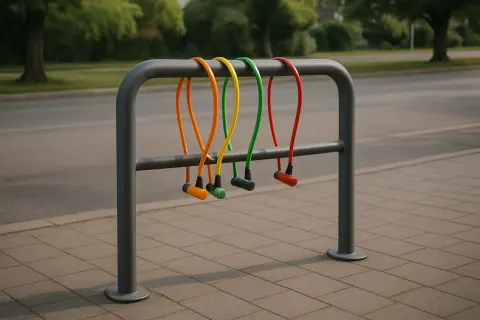 Matte-finished Steel Bike Rack Stands Empty on a Paved Sidewalk
