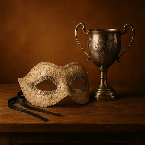 Upon a Weathered Oak Table Sits a Delicate Venetian Mask
