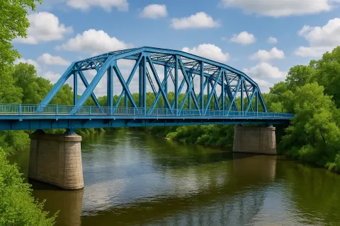 Blue Steel Truss Bridge Spans over a River