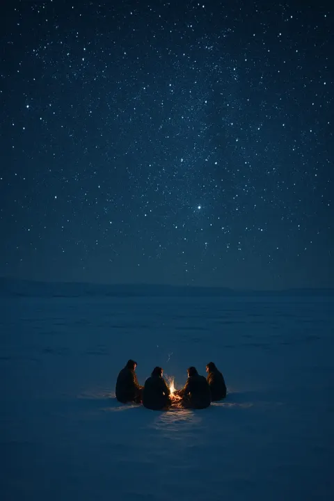Small Group of Distant Figures Huddles