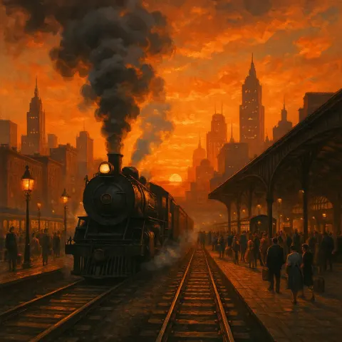 Locomotive Powered by Steam Drawing near a Lively Urban Station