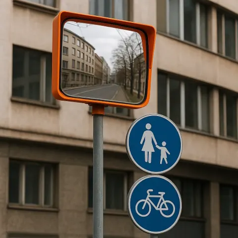 Orange Reflective Traffic Mirror Mounted on a Pole with Nearby