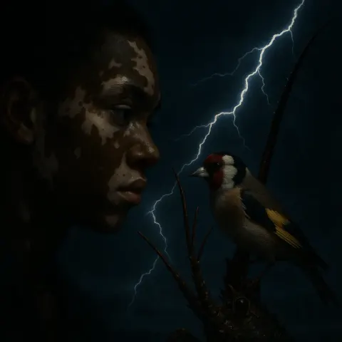 Person with Vitiligo-patterned Skin Regards a Red-faced Goldfinch
