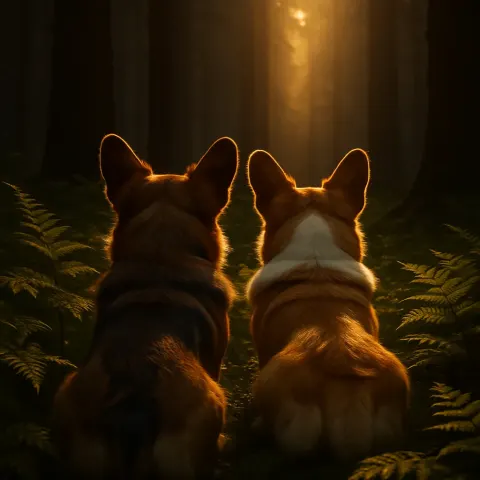 Two Varied Pembrokes Amidst Sun-dappled Ferns in a Towering