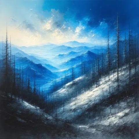 Monochrome Tempera Hills Beneath Vibrant Blue Sky