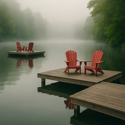 Serene Lakeside Scene with Wooden Docks and Red Adirondack Chairs