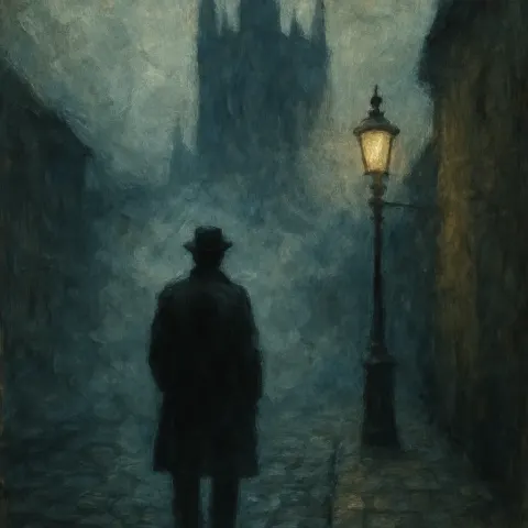 Lone Figure Cloaked in Mist Stands Within a Worn Cobblestone