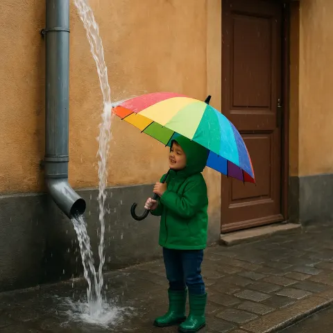 Child in a Green Jacket and Rain Boots Holds