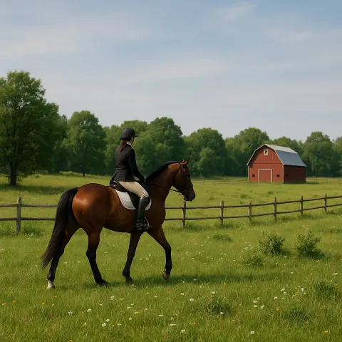 Bay Horse Carrying a Rider Stands in the Heart