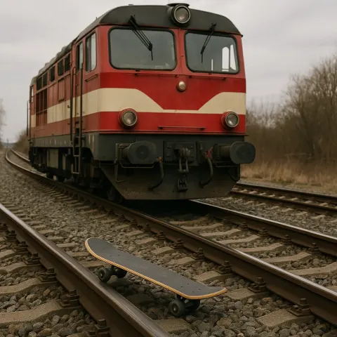 Image Depicting a Skateboard Placed on Train Tracks