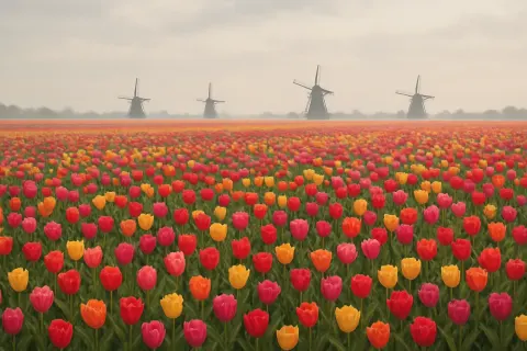 Sprawling Field of Countless Vibrant Tulips Stretches Towards a Distant