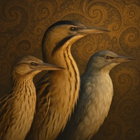 Three Varied Bitterns Stand Coolly Side-lit
