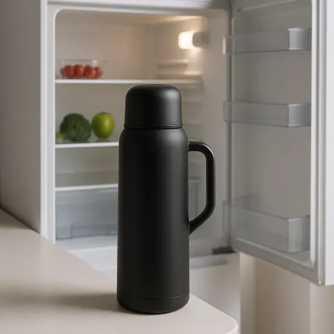 Modern Black Thermos Positioned in Front of a White Refrigerator