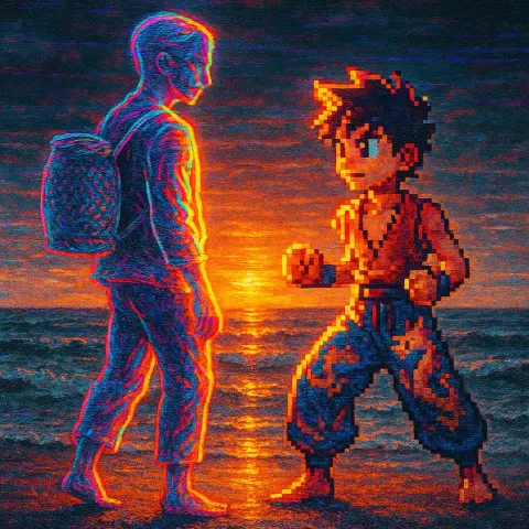 Barefoot Neon-glitch Art Figure with a Woven Carrier