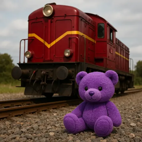Showcasing a Violet Teddy Bear Alongside a Crimson-colored Train Engine