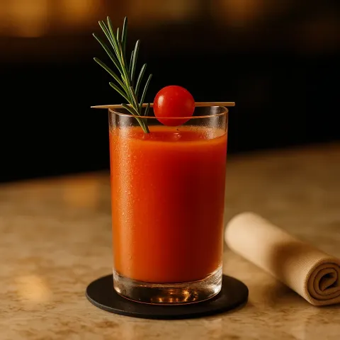 Stylish Glass Containing a Deep Orange Bloody Mary Cocktail