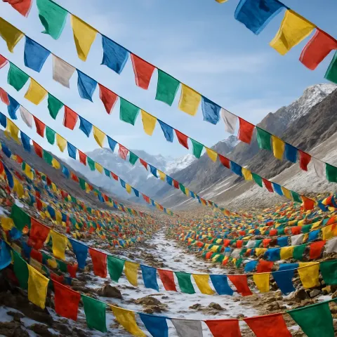 Thousands of Vibrant Prayer Flags Flutter in the Wind