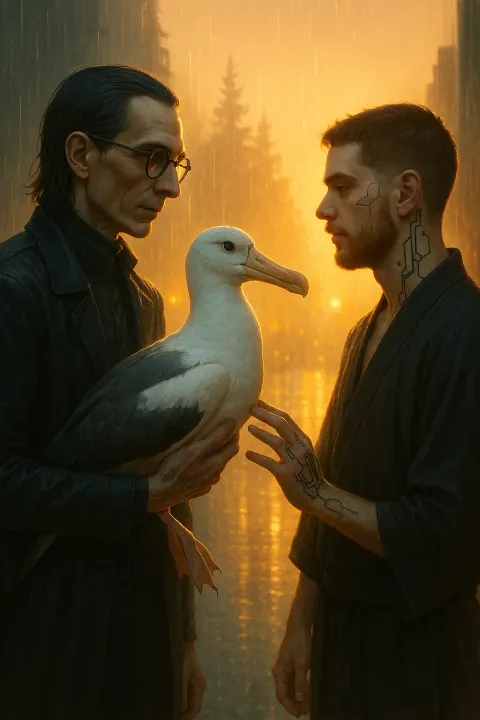 Gaunt Male Cyberpunk Author with Sleek Hair and Stylish Frames