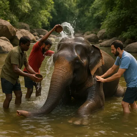Three Men Wash a Large Elephant in a Shallow River