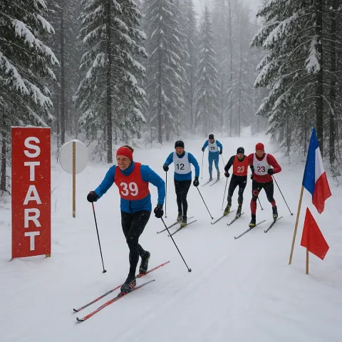 Cross-country Skiers in a Snowy Forest Setting Participate