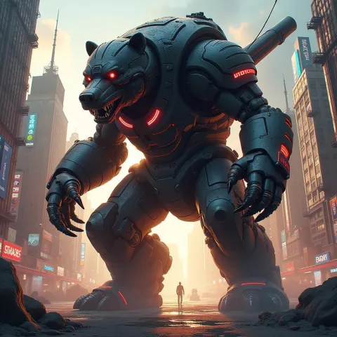 Neon Bear Hauling a Massive Cannon