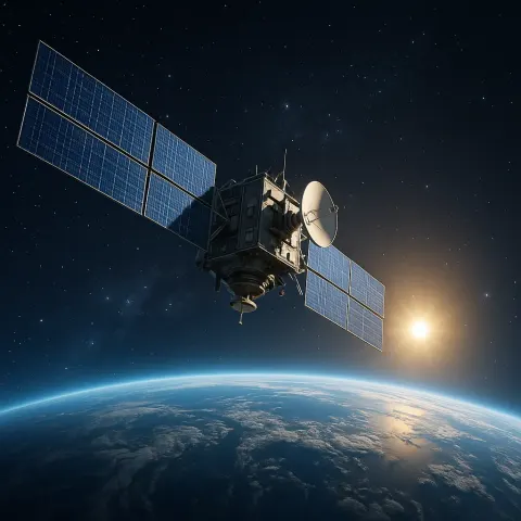 GPS Satellite with Solar Panels Orbits Earth