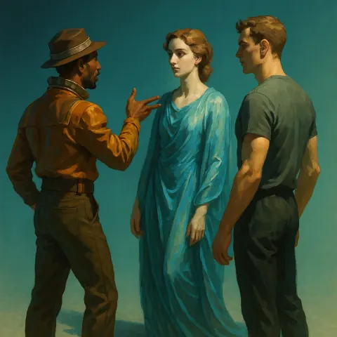 Figure of North African Descent in Retro-tech Attire Expressively Gestures