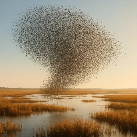 Massive Flock of Countless Tiny Birds Wheels and Turns