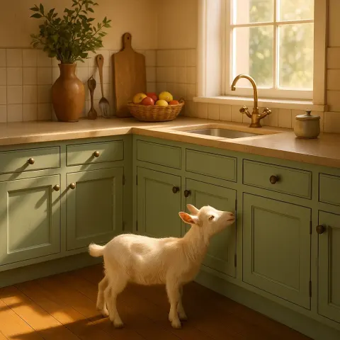 Cozy Kitchen Corner Showcases a Curious Ivory-colored Goat Inspecting