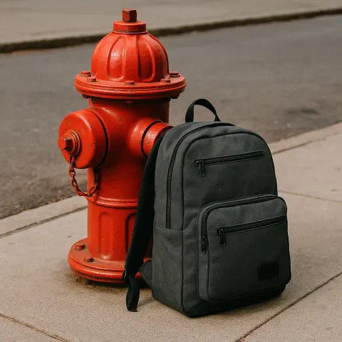 Backpack Resting Against a Fire Hydrant