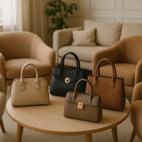 Show Four Purses Arranged Attractively on a Chic Coffee Table