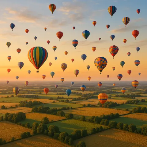 Dozens of Brightly Colored Hot Air Balloons Drift Serenely