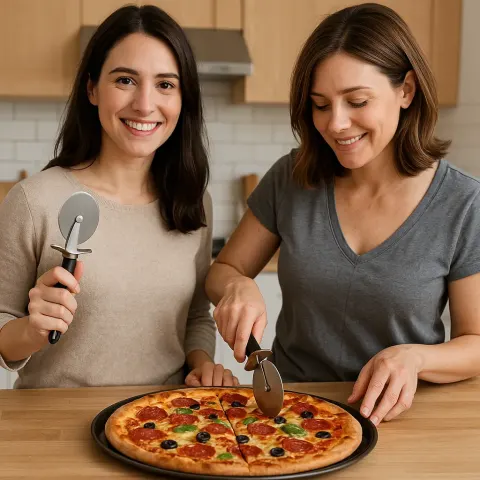 Woman Standing Beside Another Lady Who Is Cutting a Hot