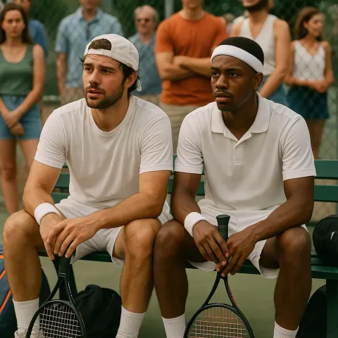 Two Tennis Players Sitting on a Bench with Rackets