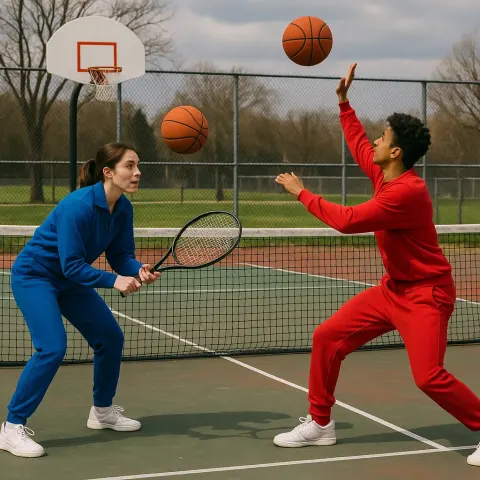Two People in Tracksuits Playing an Improvised Game