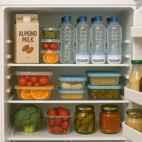 Open Refrigerator Filled with Various Items