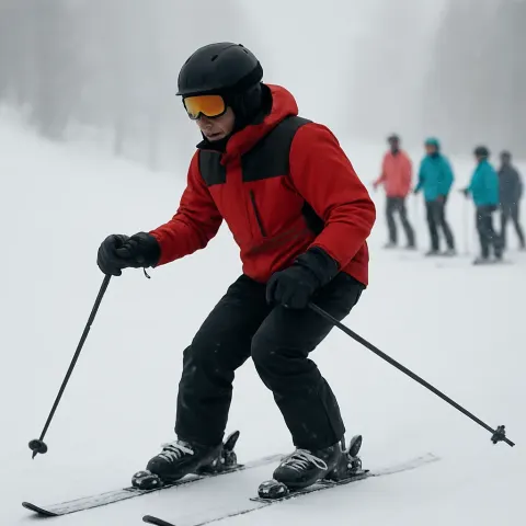 Skier in Motion Wearing a Helmet
