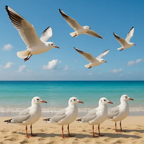 Seagulls Flying and Standing on a Sandy Beach