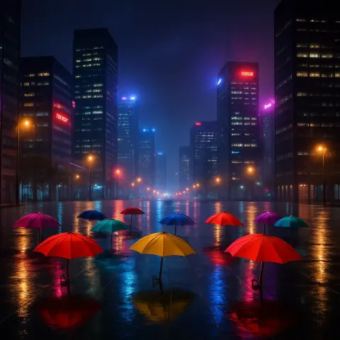 Scattering of Brightly Colored Umbrellas Dots a Vast